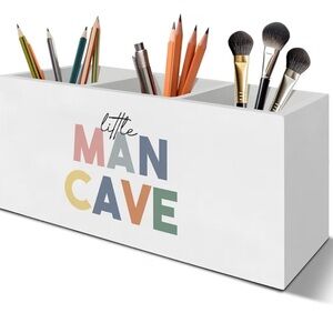 White Organizer with 'Little Man Cave' Design Pen Pencil Holder